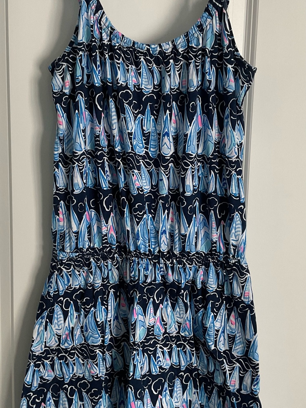 Lilly Pulitzer Navy Blue Multi Sailboat Print Asymmetrical Dress